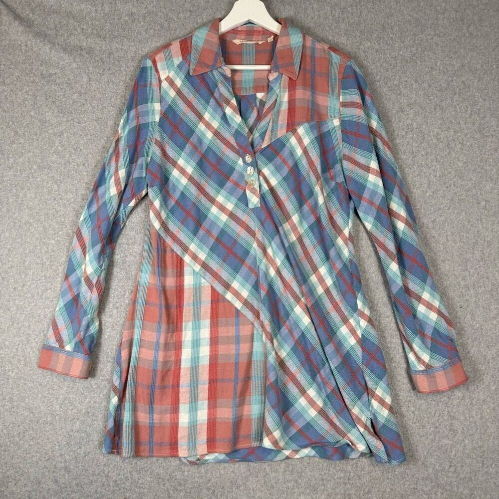 Soft Surroundings Womens Large LA Pass Shirt Ecru Multi Plaid Tunic Blouse